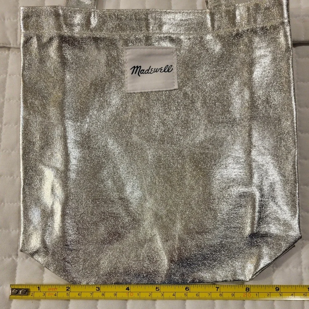 Madewell 10 x 10 Metallic Silver Foil Shimmer Canvas Mini Tote Bag Handbag Indie